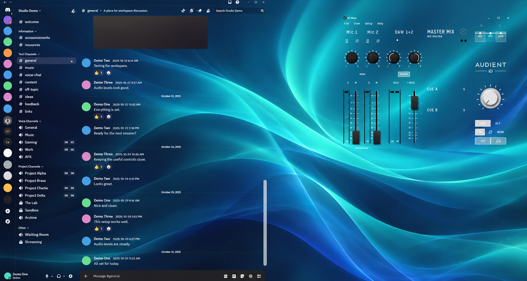 Privacy-edited original owner screenshot with transparent Discord chat and Audient iD Mixer controls.