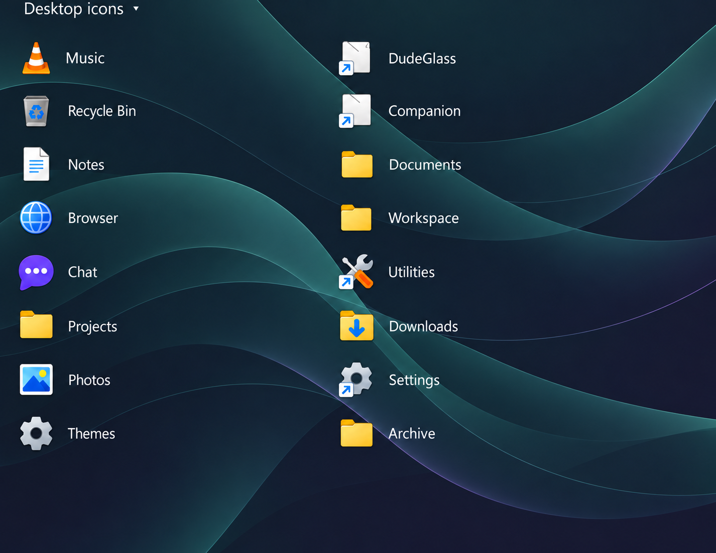 Illustrative edit showing a text-only Desktop icons reveal button above two columns of generic shortcuts on an original abstract blue and teal wallpaper.