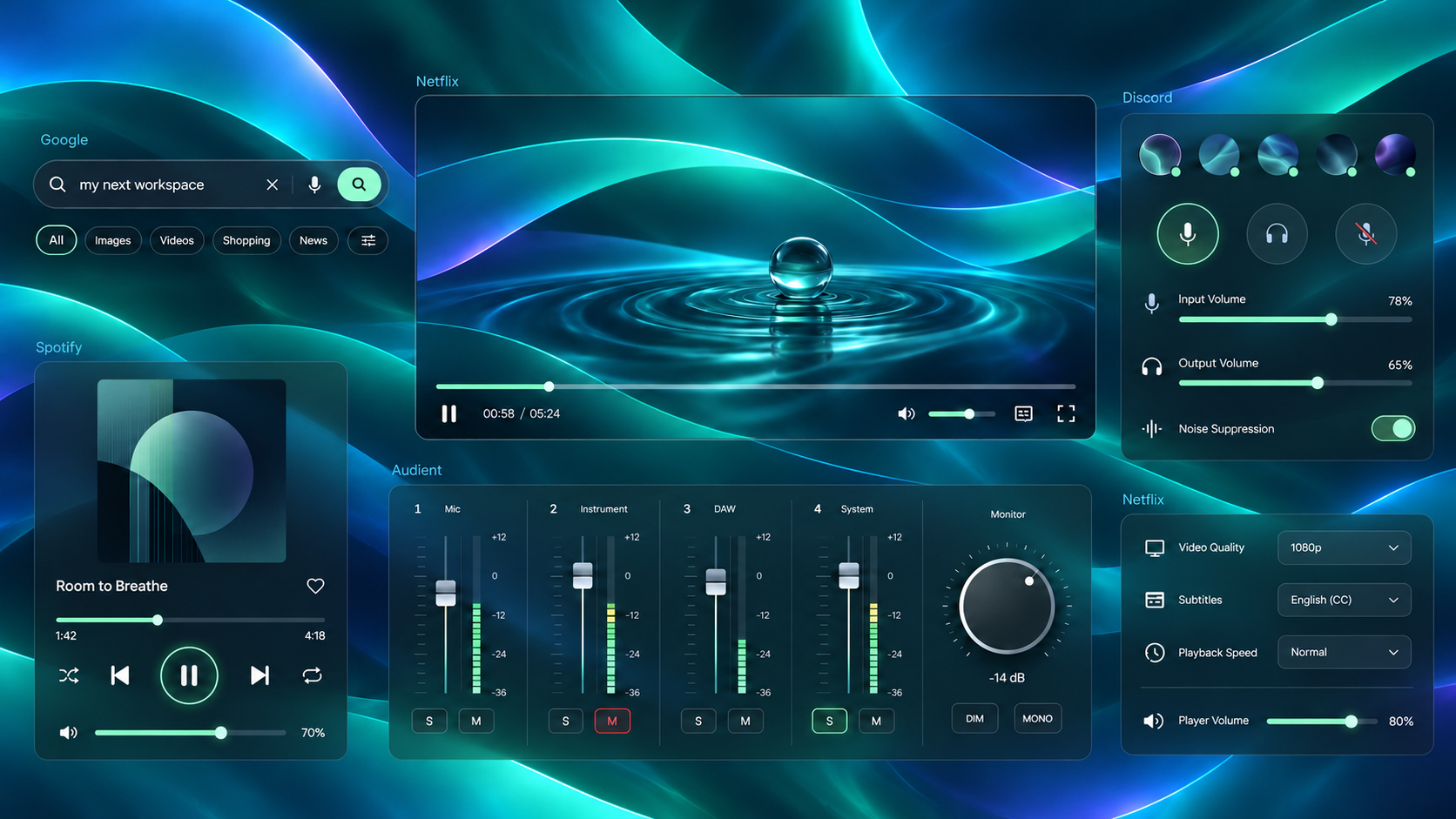 Envisioned tidy desktop with detached Discord voice settings, Audient faders, Spotify playback, original abstract video imagery in a Netflix-labelled panel, and a Google search fragment.